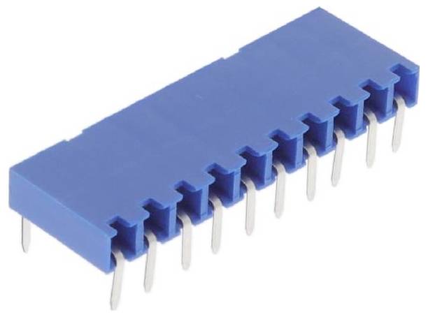 A blue 10-pin DIP switch with silver metallic pins, used for configuring settings on electronic devices.
