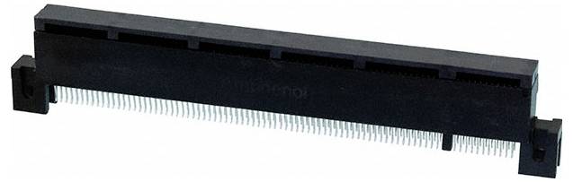 A black computer expansion slot for RAM modules, featuring multiple pins for electrical connections, used in motherboard installations.