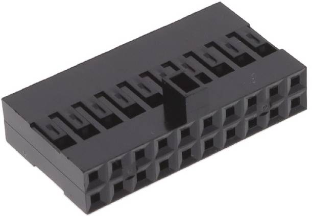 A black plastic electrical connector with multiple slots for pin connections, typically used in electronic devices for interconnections.