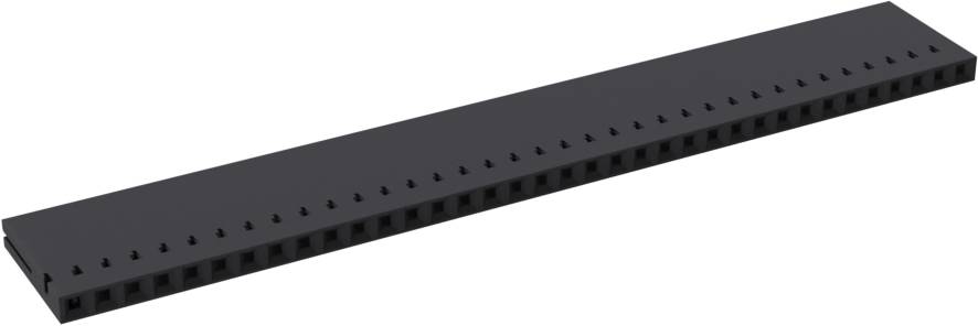A long, black, rectangular electronic connector with multiple pin slots aligned in a single row, used for circuit board connections.