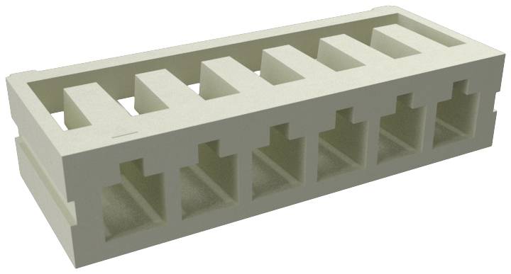 A rectangular, hollow concrete block with multiple vertical and horizontal chambers for stabilisation and insulation.