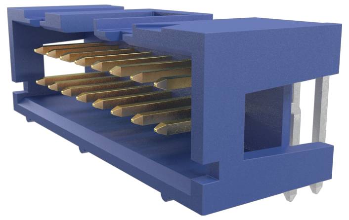 A blue, rectangular electronic connector with multiple gold-plated pins housed in parallel grooves, used for interfacing circuit boards.