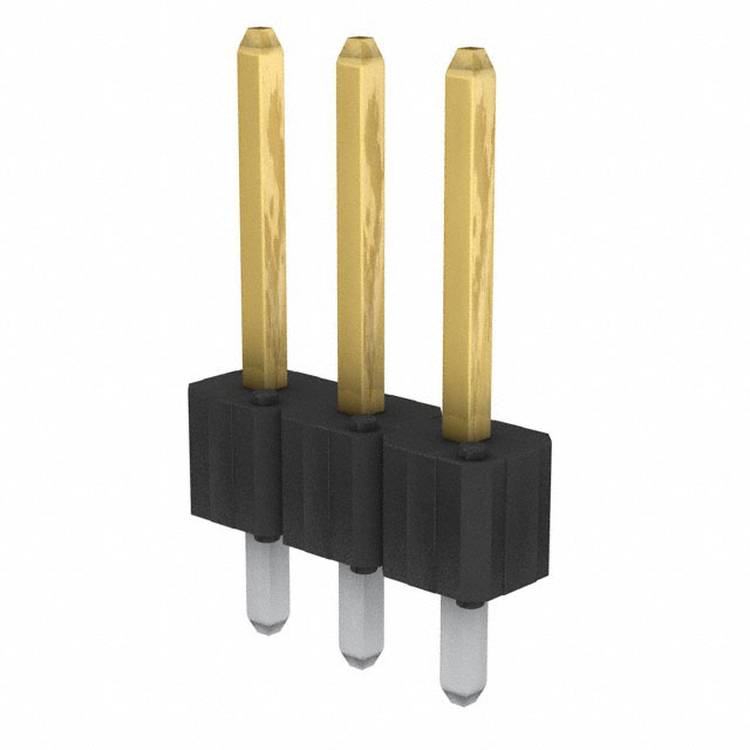 A 3-pin header connector with gold-plated pins and a black plastic base, used for establishing electrical connections on circuit boards.