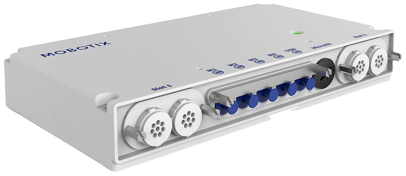 A white electronic device from MOBOTIX with multiple connections and LED indicators, likely a distributor or control unit.