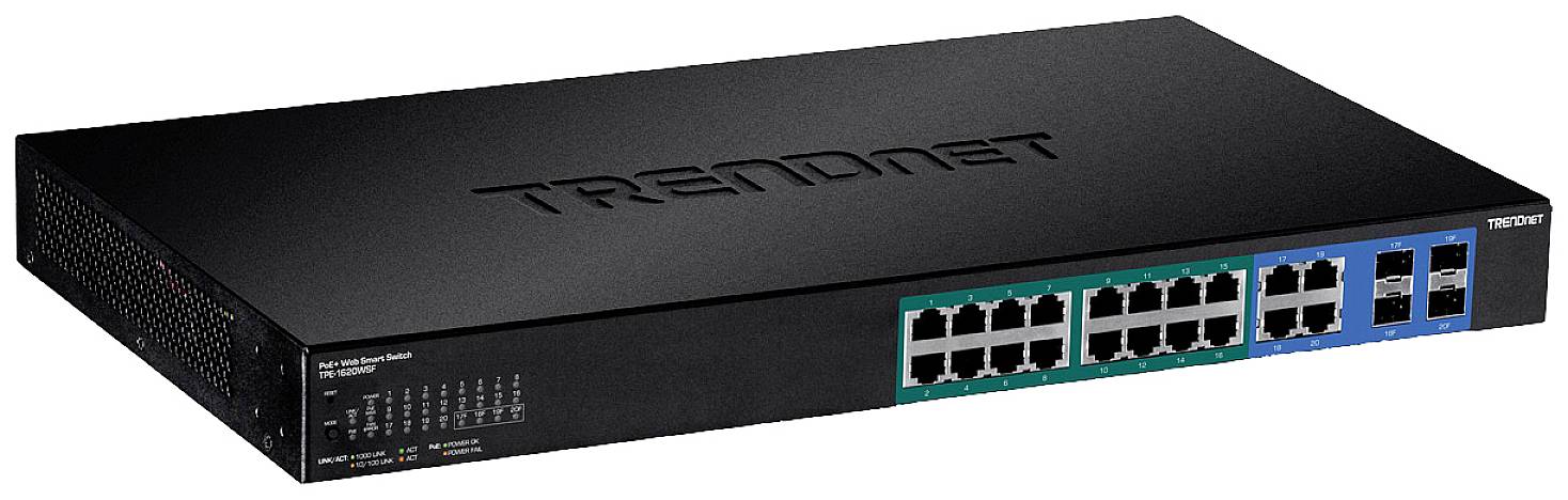 'Image of a TRENDnet switch with 16 Ethernet ports and 2 SFP slots, black casing, for network connections.'
