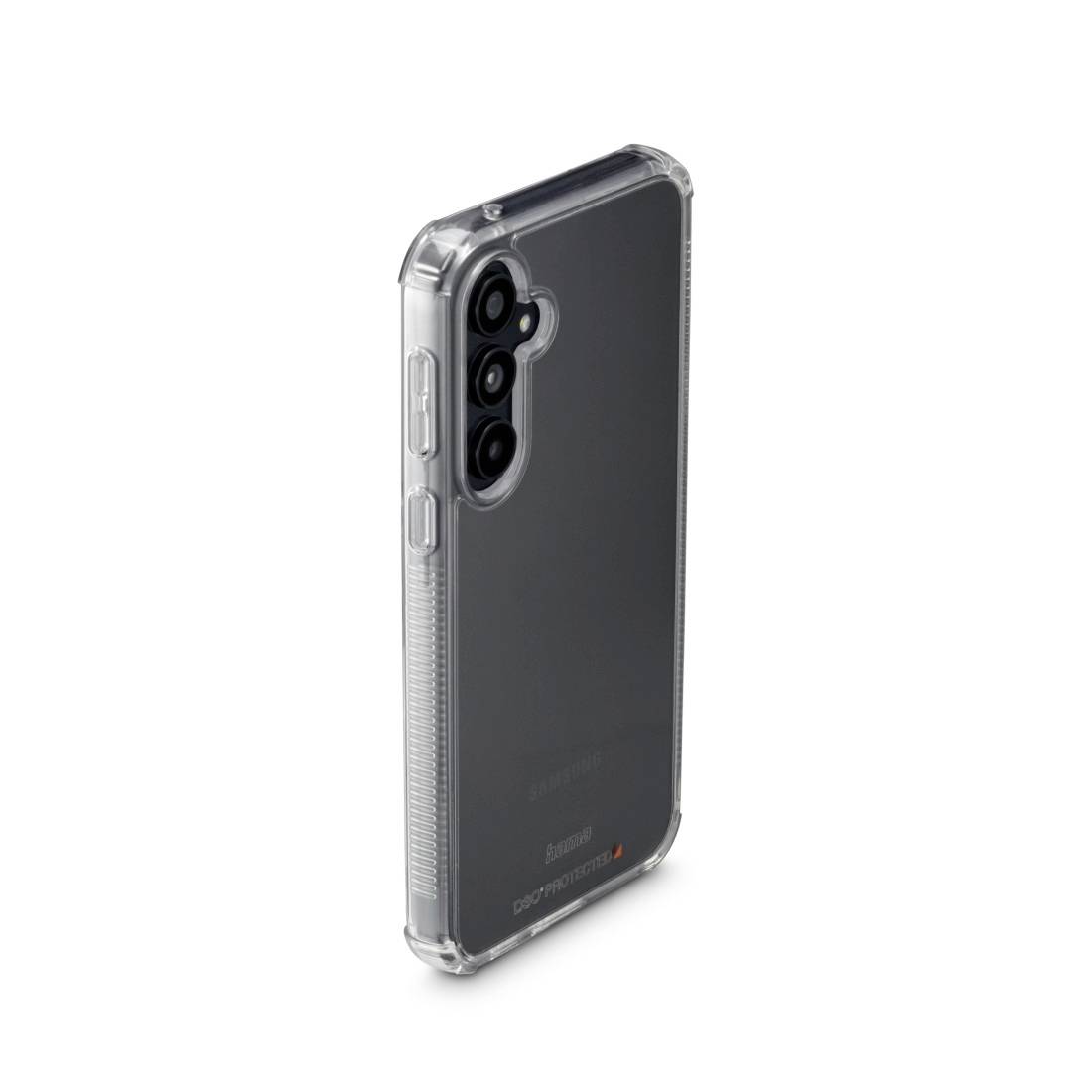 Transparent phone case on a smartphone, protecting the back and camera. The case showcases the design of the phone.