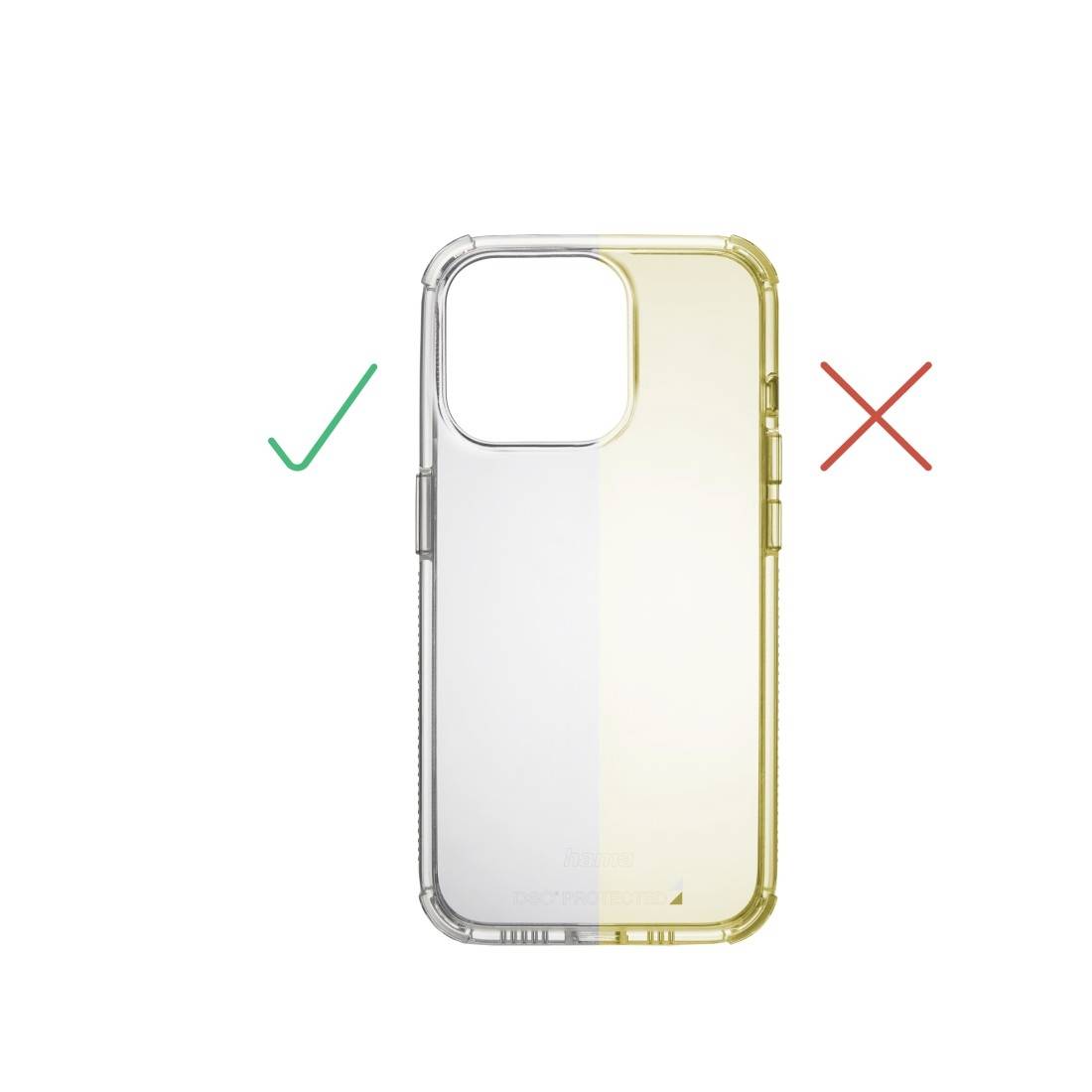 'Two-tone mobile phone case: left side transparent, right side yellowish. Green tick on the left, red cross on the right.'
