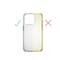 'Two-tone mobile phone case: left side transparent, right side yellowish. Green tick on the left, red cross on the right.'