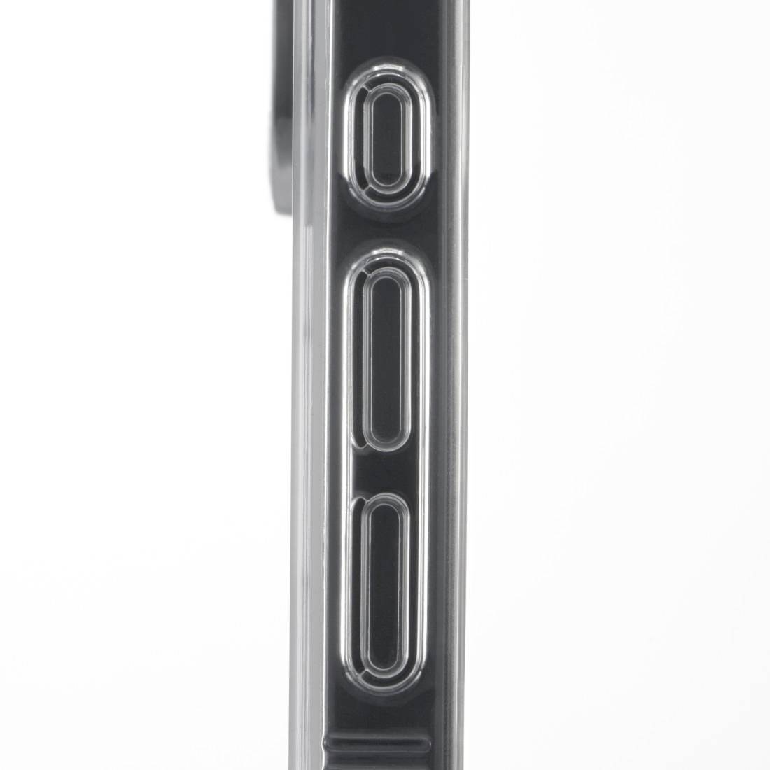 The edge of a silver camera with a protruding, vertical lens and flash, on a white background.