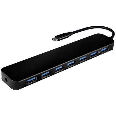 USB hub with seven blue USB-A ports and black cable with USB-C plug.