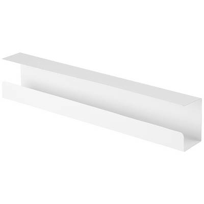 A white, wall-mounted bookshelf with a rectangular shape and smooth edges, suitable for storing books or other items.