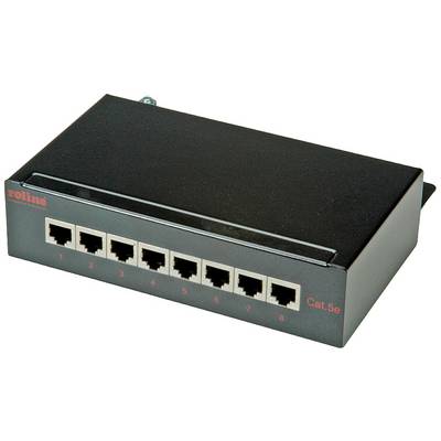 A black Ethernet switch with eight ports, labelled with numbers 1 to 8. On the right, 'Cat.5e' is written.