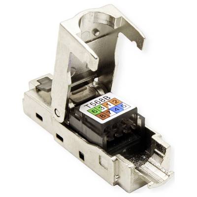 A RJ45 network plug with an open metal cover reveals a colour code for the T568B wiring.