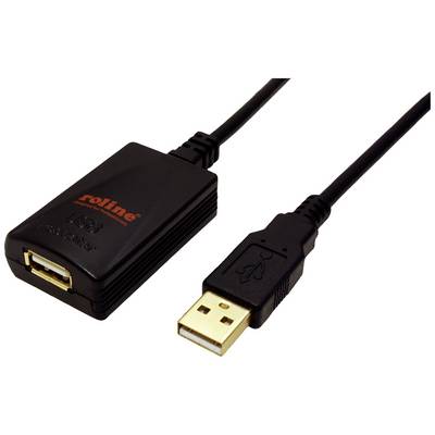 'Roline USB extension cable, black. One end with a USB socket, the other with a USB plug. For connecting USB devices.'