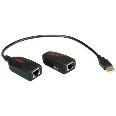 Two black adapters with RJ45 socket and USB plug, connected by a cable; used for data transmission.