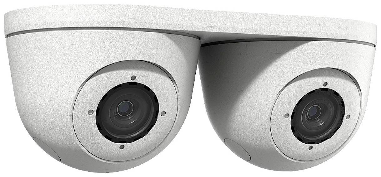 Two white surveillance cameras mounted side by side on a bracket, for monitoring and security in indoor or outdoor areas.