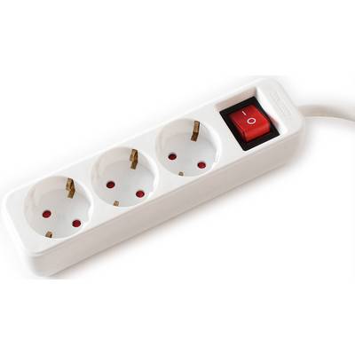 A white multi-socket adaptor with three plug sockets and a red on/off switch. The switch is set to 'O' for off.