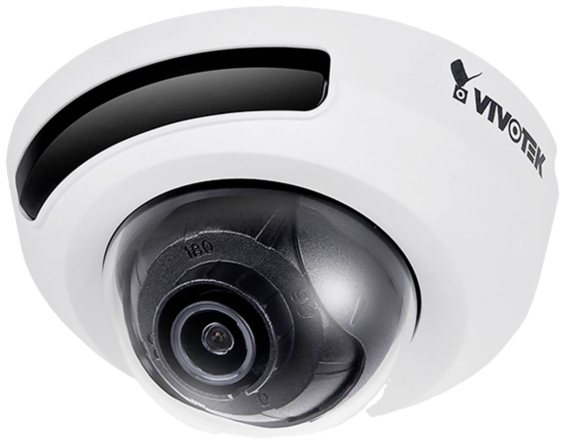 White surveillance camera with dome lens and black border on the top, with the brand name 'Vivotek' printed on it.