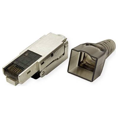 A modular RJ45 plug in metallic finish next to a plastic protective cap, used for Ethernet network cables.