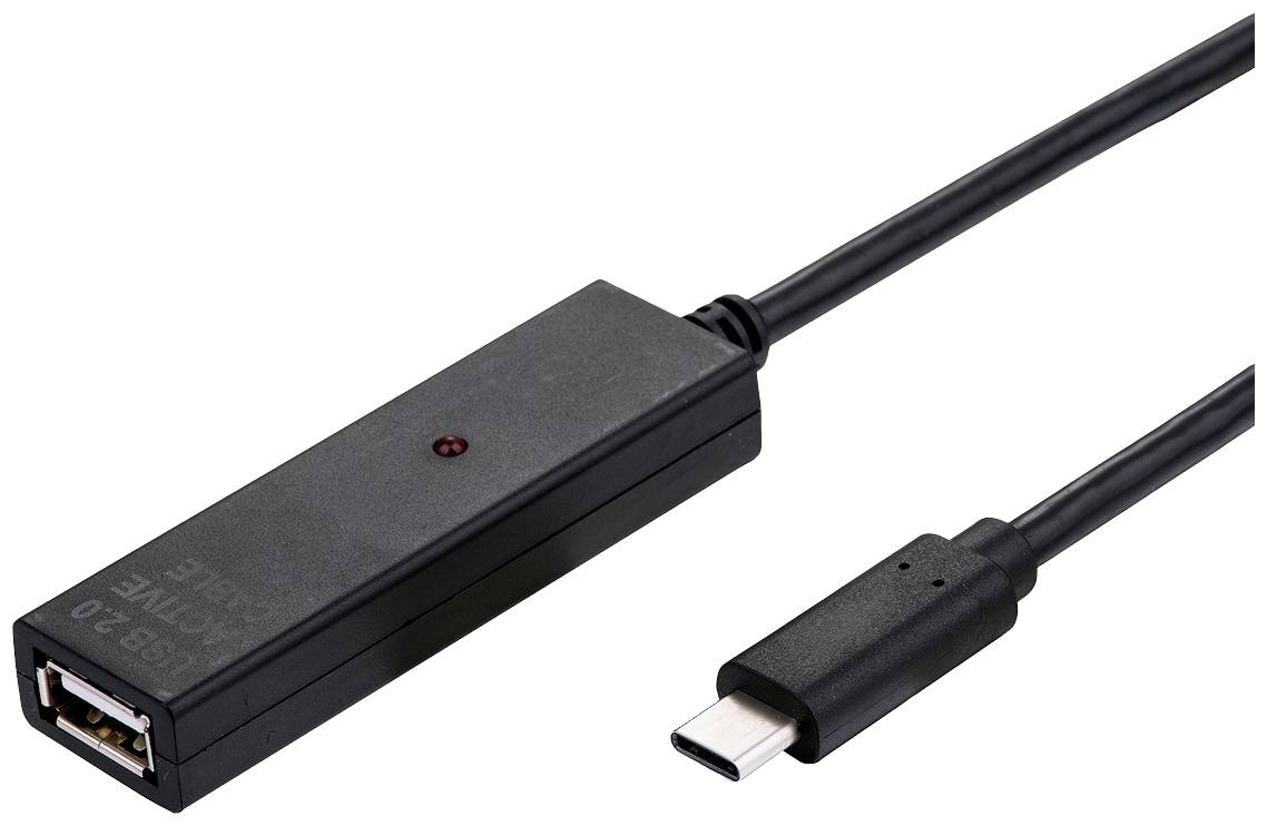 A black USB cable with a USB-A connector on one side and a USB-C connector on the other. Suitable for connecting devices.