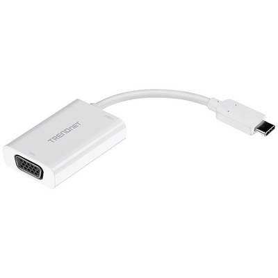 A white USB-C to VGA adapter by TRENDnet, shown with a short cable and both connectors visible.