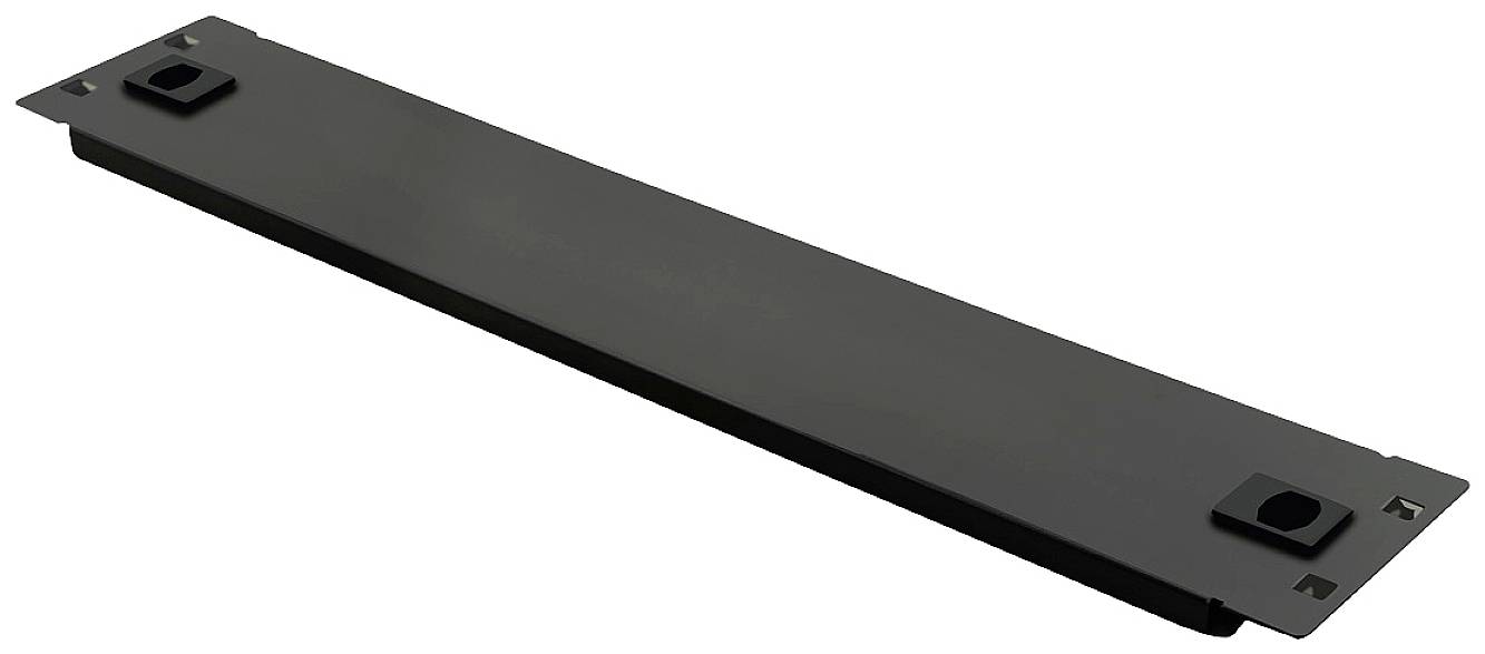 A long, rectangular metal piece with two plastic clips attached at its ends, likely a cover or mounting rail.
