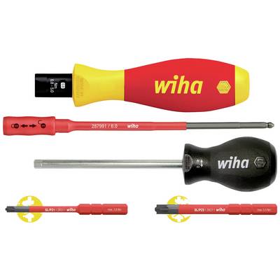 The image shows four different screwdrivers by Wiha. At the top is a large red handle, below is a black handle, both with interchangeable blades.