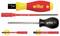 A set of Wiha brand tools, including ergonomic screwdrivers with interchangeable heads, featuring red and black handles.
