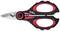 A red and black pair of scissors with ergonomic handles and 'Wiha' printed on the handles. Suitable for precise cutting.