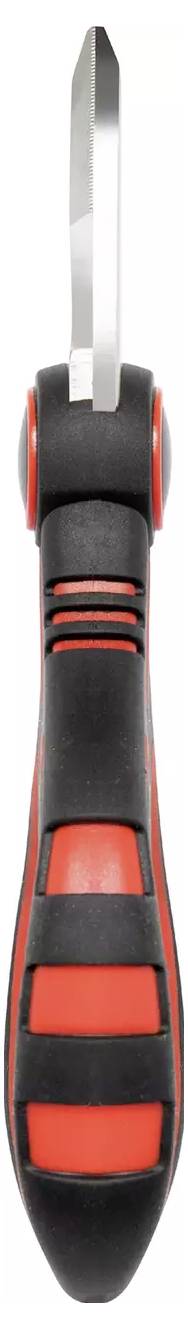 A black and red screwdriver with a flathead tip is seen from the top view. The handle is ergonomically designed with rubber grips.