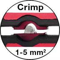 Cross-section diagram of a crimp connector with labeled text 'Crimp 1-5 mm²', showing connector's layered structure.