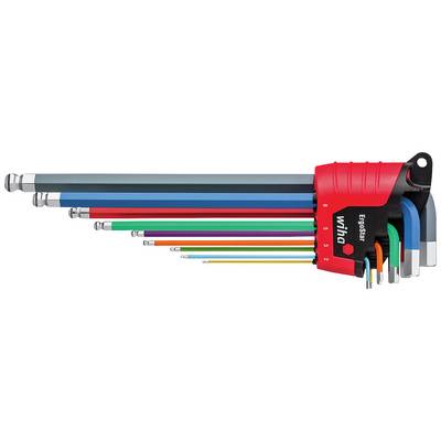 A set of colourful, long hexagonal keys in a red holder. Each key is a different colour, indicating its size.