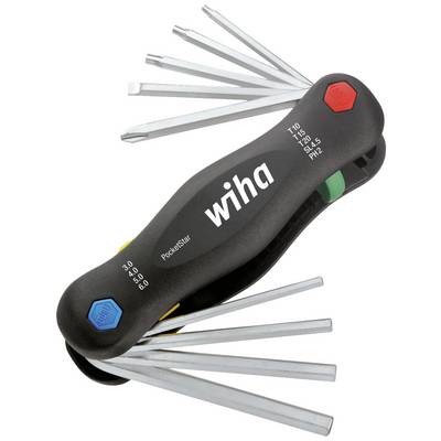 A black multi-bit tool with fold-out screwdriver bits in various sizes. The bits have colourful ends.