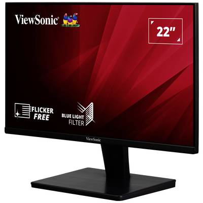 ViewSonic monitor with a 22-inch screen. Features include flicker-free technology and blue light filter. Red background with logo.