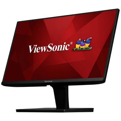 A black computer screen with a red background displays the 'ViewSonic' logo with three colourful birds.