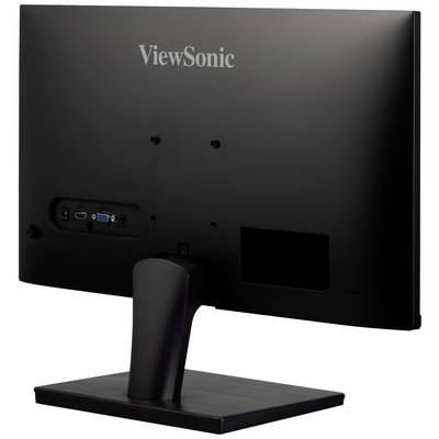A black ViewSonic monitor from behind, showing the connections and sturdy stand, without a screen view.