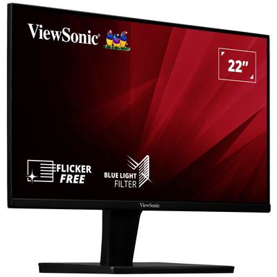 A 22-inch ViewSonic monitor with a red background. Features: flicker-free and blue light filter. Main colour is black.