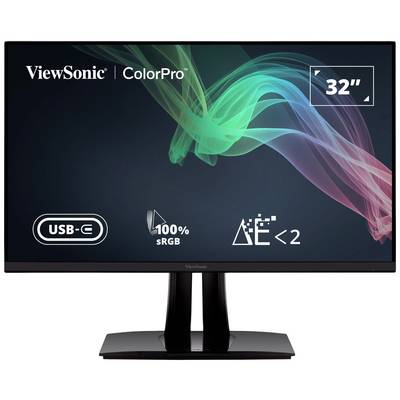A 32-inch monitor from ViewSonic with 'ColorPro' label. Supports USB-C, 100% sRGB. Features minimal buttons and a minimalist design.