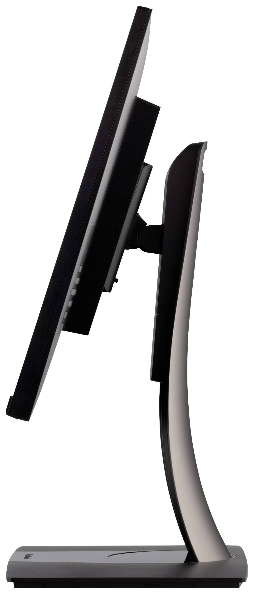 A computer monitor from the side, with a sleek design and adjustable stand.