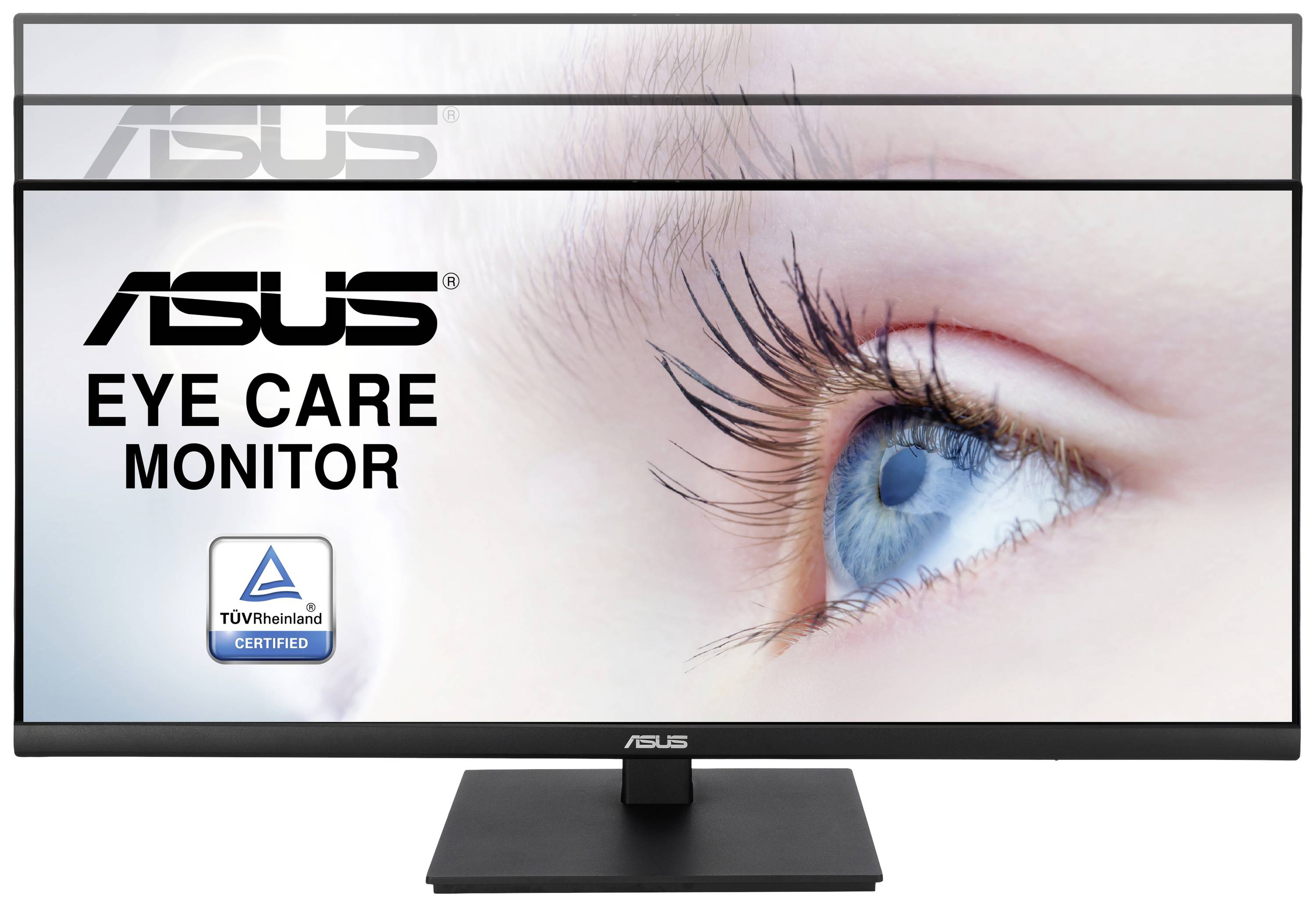 ASUS monitor with TÜV-certified eye protection, showing a large human eye displayed alongside product logos.