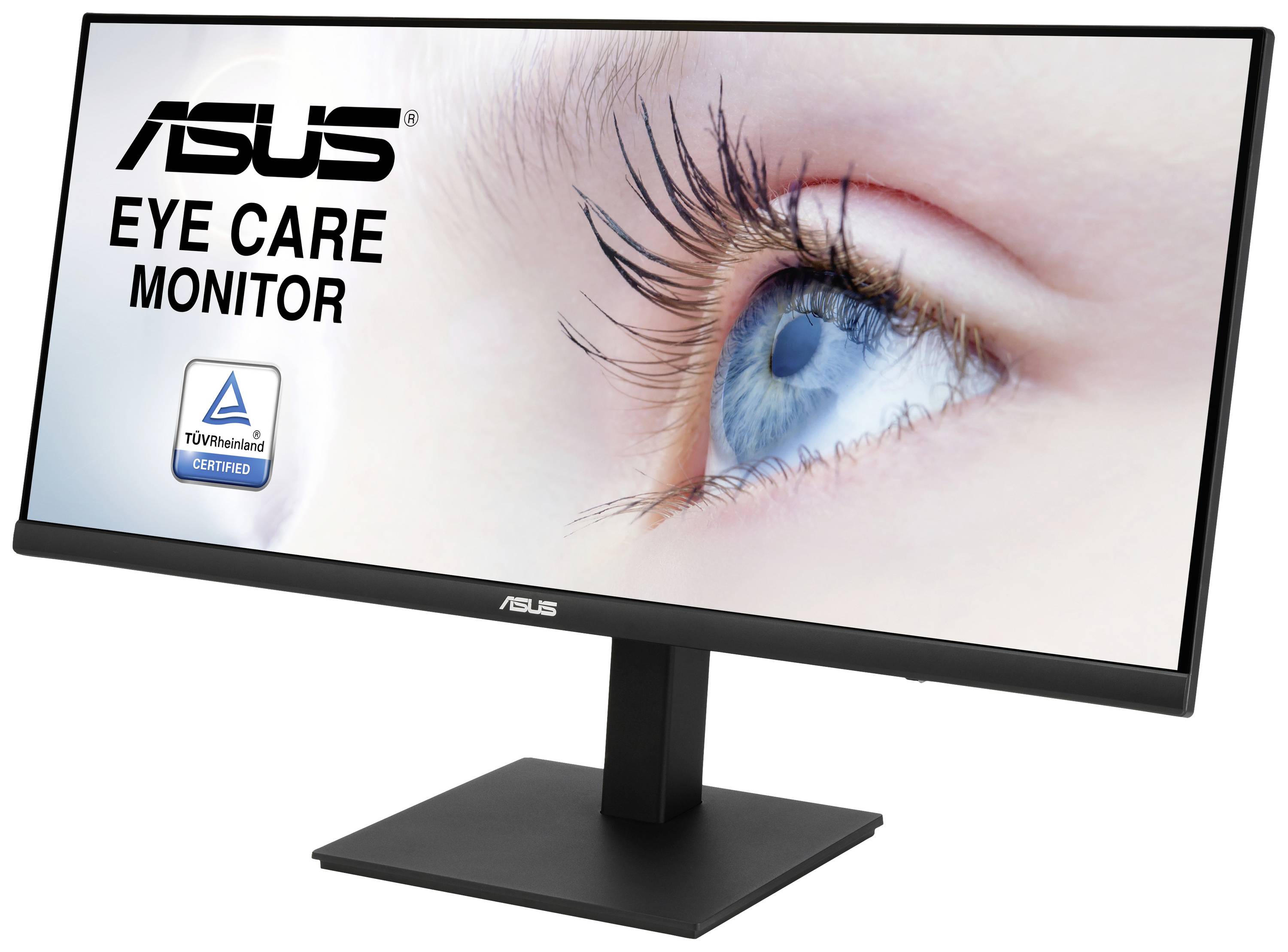 'ASUS Eye Care Monitor', shows an eye in close-up, top right. TÜV Rheinland certificate on the left, screen mounted on a stand.