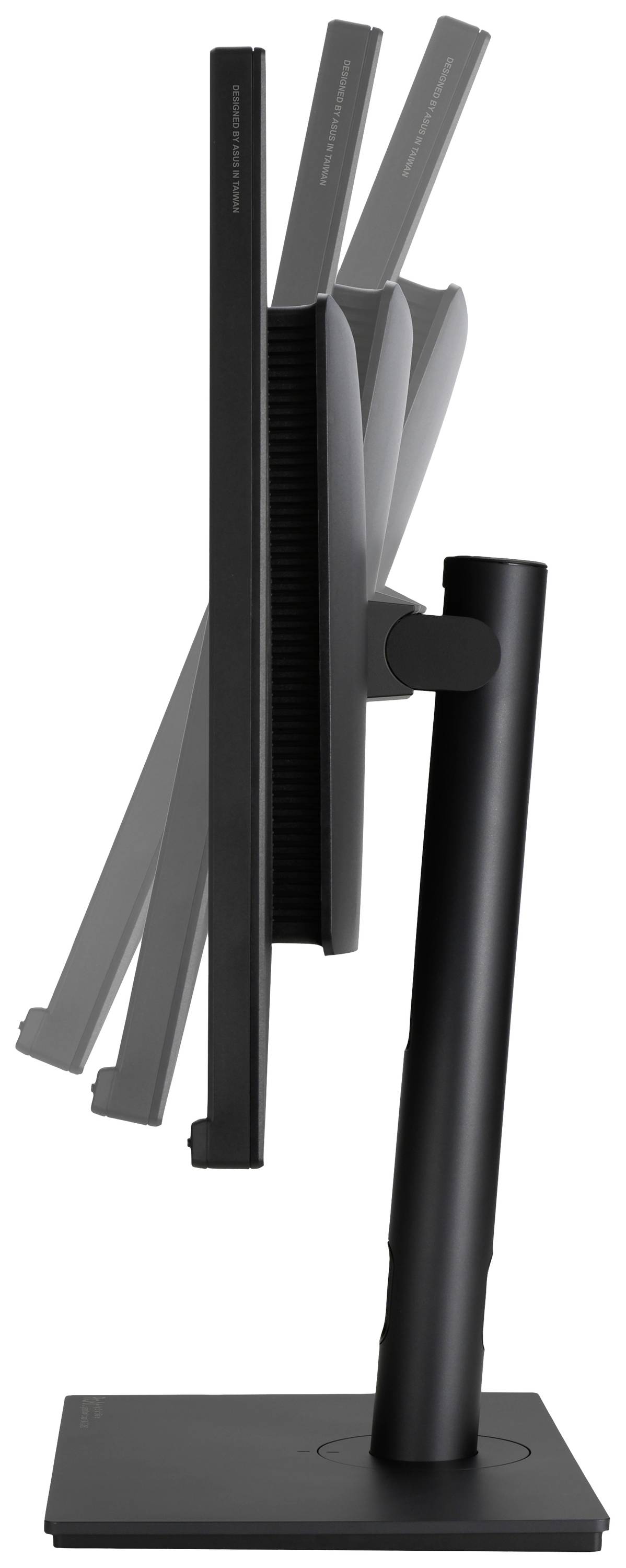 A black computer monitor is shown from the side. The screen can be tilted and adjusted in height.