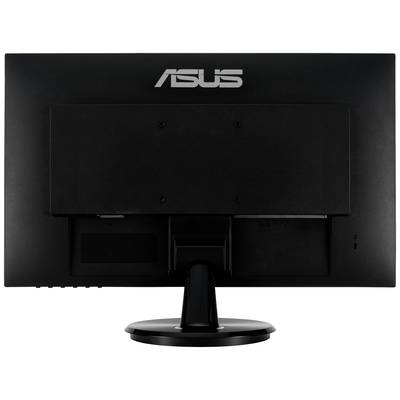 'Back of an ASUS monitor, black casing, rectangular shape with central stand, without visible ports or cables.'