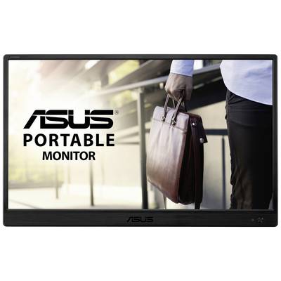 A portable Asus monitor is shown, with a person holding a leather bag. The monitor is situated in an urban setting.