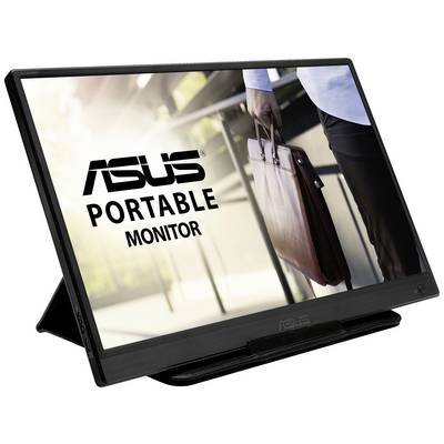 A portable ASUS monitor is shown. In the background, a person is holding a briefcase.