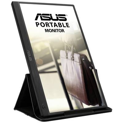 Portable Asus monitor in a stand, with the display showing a hand carrying a leather bag.