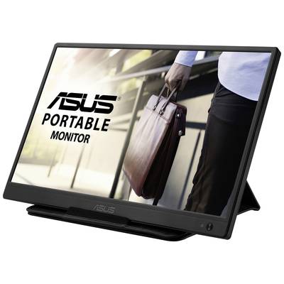 Portable ASUS monitor featuring an image of a businessman carrying a briefcase displayed on the screen.