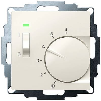 A white, rectangular thermostat with a rotary dial from 1 to 6 and a toggle switch with an on/off symbol, mounted on a metal frame.