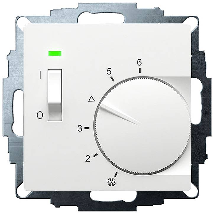 A white room thermostat with a rotary dial from 1 to 6 and a sliding switch for turning on and off.