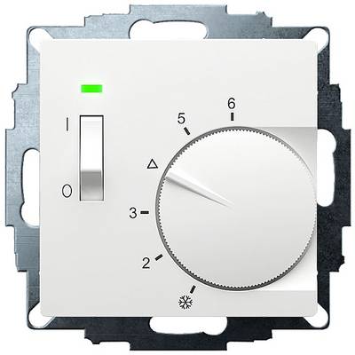 A white room thermostat with a rotary dial from 1 to 6 and a sliding switch for turning on and off.